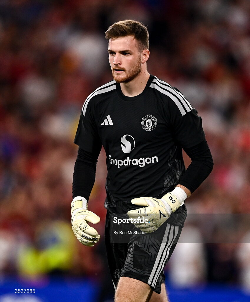 12 August 2026; Manchester United goalkeeper Dermot Mee in the penalty shootout during the pre-season friendly match between Manchester United and Leeds United at Croke Park in Dublin. Photo by Ben McShane/Sportsfile