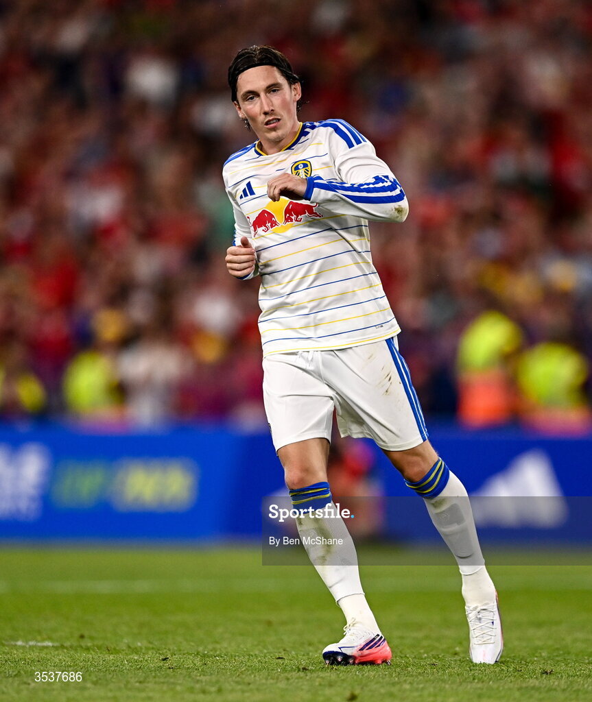 12 August 2026; Harry Wilson of Leeds United in the penalty shootout during the pre-season friendly match between Manchester United and Leeds United at Croke Park in Dublin. Photo by Ben McShane/Sportsfile