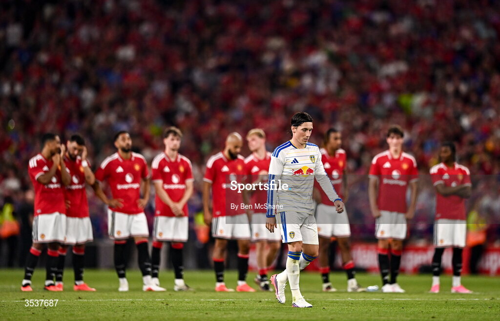 12 August 2026; Harry Wilson of Leeds United on his way to taking a penalty in the penalty shootout during the pre-season friendly match between Manchester United and Leeds United at Croke Park in Dublin. Photo by Ben McShane/Sportsfile