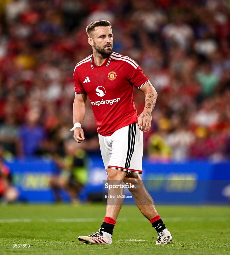 12 August 2026; Luke Shaw of Manchester United in the penalty shootout during the pre-season friendly match between Manchester United and Leeds United at Croke Park in Dublin. Photo by Ben McShane/Sportsfile