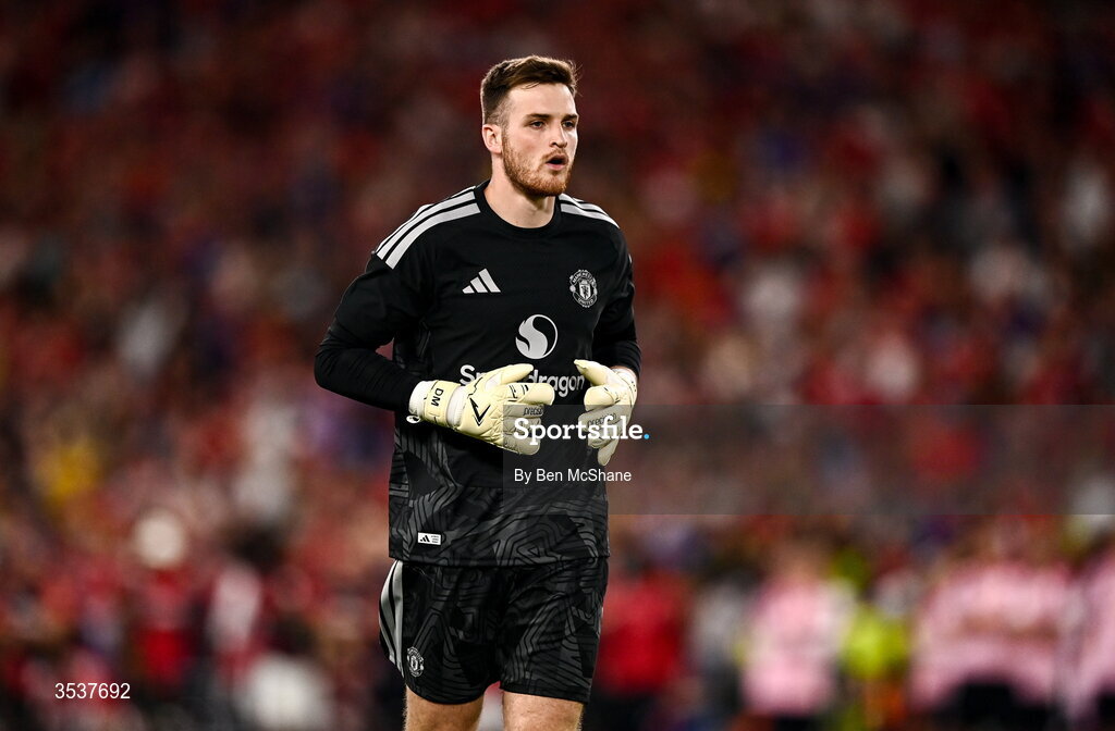 12 August 2026; Manchester United goalkeeper Dermot Mee during the pre-season friendly match between Manchester United and Leeds United at Croke Park in Dublin. Photo by Ben McShane/Sportsfile
