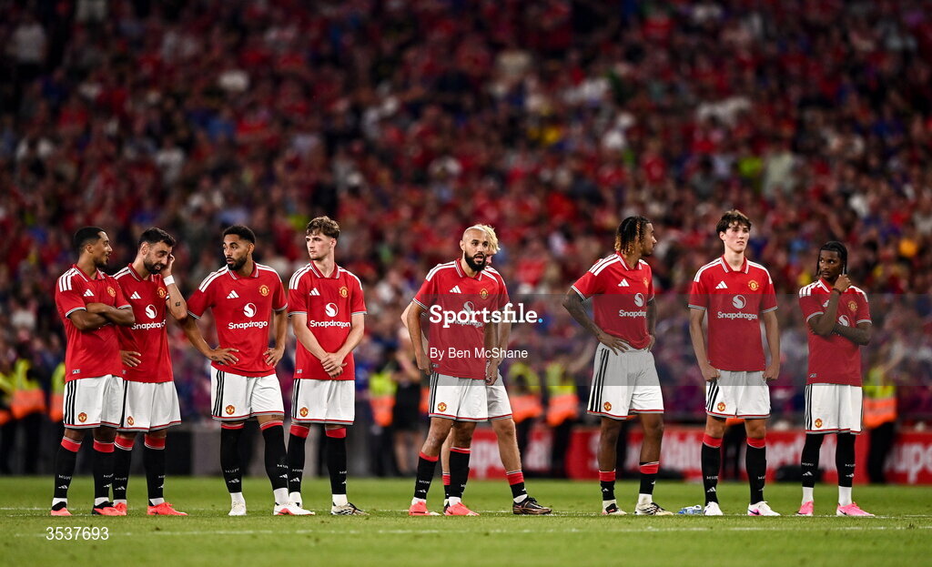 12 August 2026; Manchester United players in the penalty shootout during the pre-season friendly match between Manchester United and Leeds United at Croke Park in Dublin. Photo by Ben McShane/Sportsfile