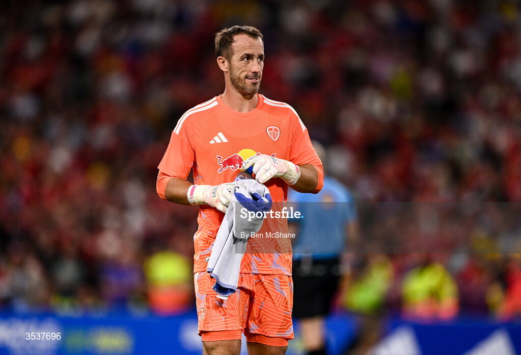 12 August 2026; Leeds United goalkeeper Alex Cairns during the pre-season friendly match between Manchester United and Leeds United at Croke Park in Dublin. Photo by Ben McShane/Sportsfile