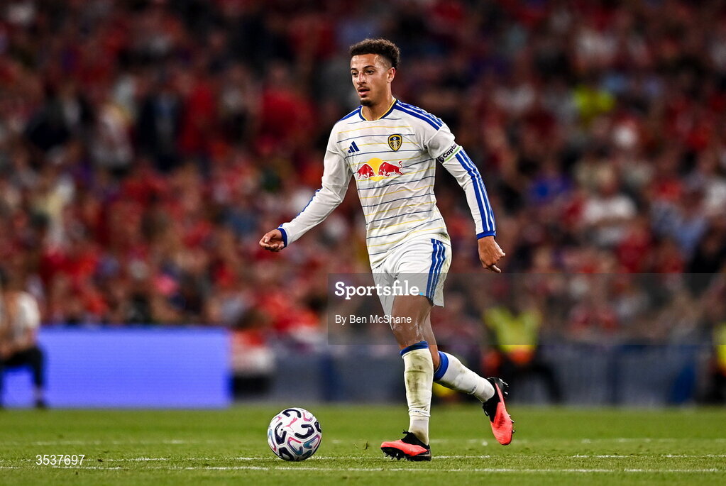 12 August 2026; Ethan Ampadu of Leeds United during the pre-season friendly match between Manchester United and Leeds United at Croke Park in Dublin. Photo by Ben McShane/Sportsfile
