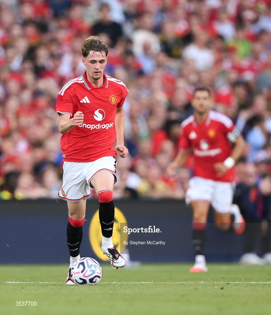 12 August 2026; Tyler Fletcher of Manchester United during the pre-season friendly match between Manchester United and Leeds United at Croke Park in Dublin. Photo by Stephen McCarthy/Sportsfile