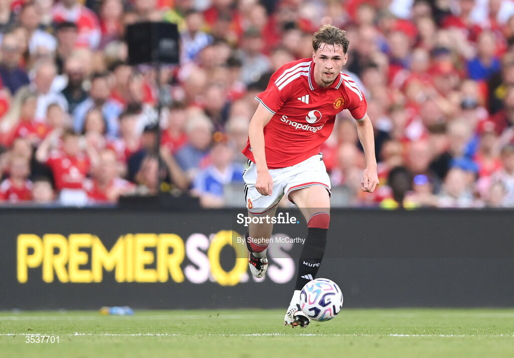 12 August 2026; Tyler Fletcher of Manchester United during the pre-season friendly match between Manchester United and Leeds United at Croke Park in Dublin. Photo by Stephen McCarthy/Sportsfile