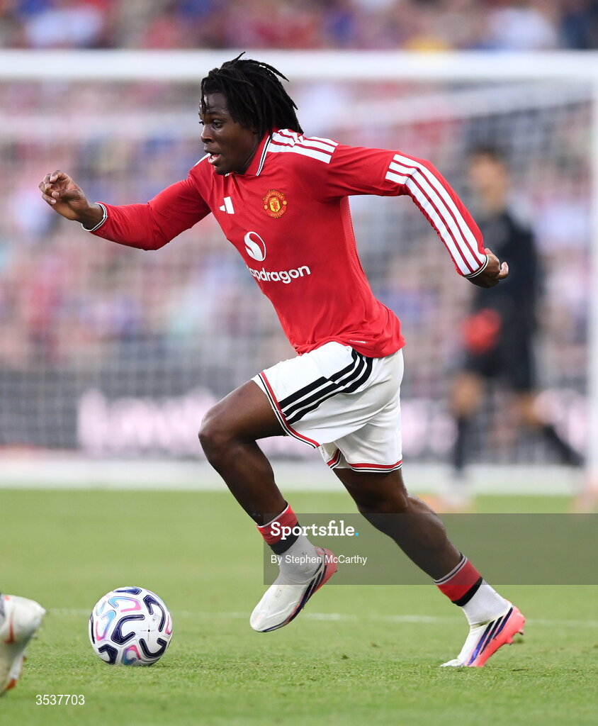 12 August 2026; Patrick Dorgu of Manchester United during the pre-season friendly match between Manchester United and Leeds United at Croke Park in Dublin. Photo by Stephen McCarthy/Sportsfile