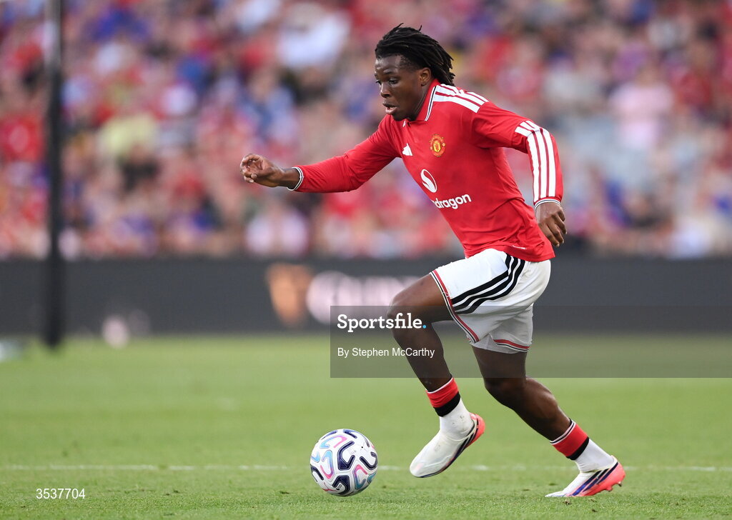 12 August 2026; Patrick Dorgu of Manchester United during the pre-season friendly match between Manchester United and Leeds United at Croke Park in Dublin. Photo by Stephen McCarthy/Sportsfile