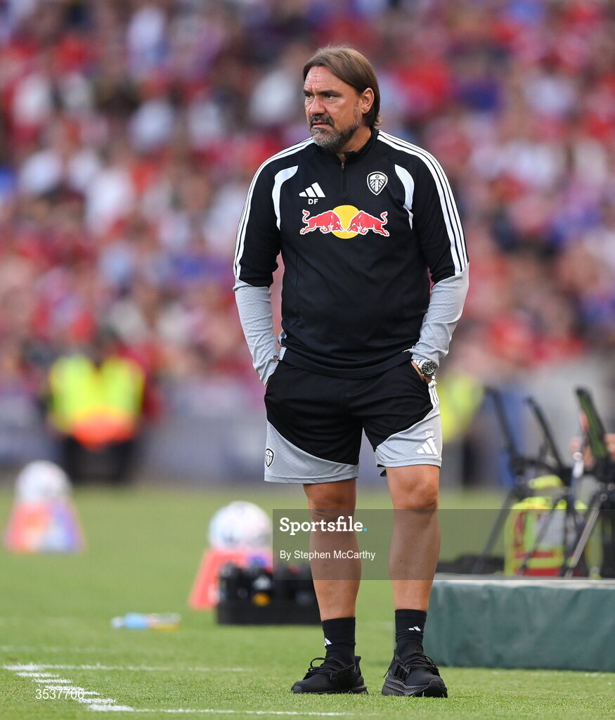 12 August 2026; Leeds United manager Daniel Farke during the pre-season friendly match between Manchester United and Leeds United at Croke Park in Dublin. Photo by Stephen McCarthy/Sportsfile