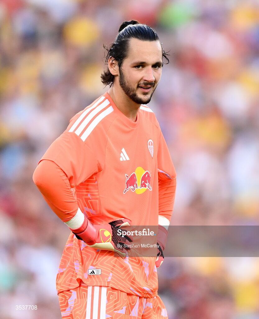 12 August 2026; Leeds United goalkeeper James Trafford during the pre-season friendly match between Manchester United and Leeds United at Croke Park in Dublin. Photo by Stephen McCarthy/Sportsfile