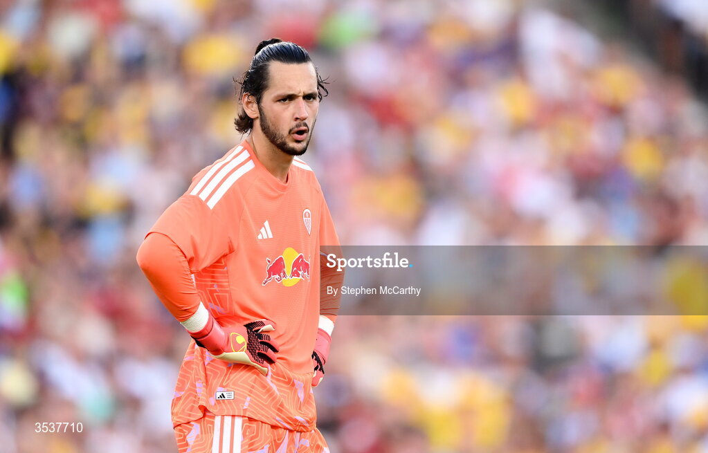 12 August 2026; Leeds United goalkeeper James Trafford during the pre-season friendly match between Manchester United and Leeds United at Croke Park in Dublin. Photo by Stephen McCarthy/Sportsfile