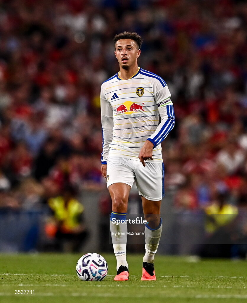 12 August 2026; Ethan Ampadu of Leeds United during the pre-season friendly match between Manchester United and Leeds United at Croke Park in Dublin. Photo by Ben McShane/Sportsfile