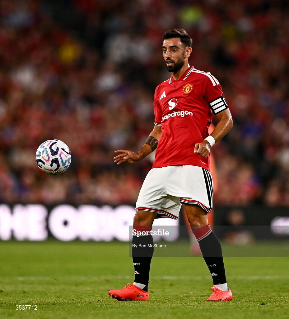 12 August 2026; Bruno Fernandes of Manchester United during the pre-season friendly match between Manchester United and Leeds United at Croke Park in Dublin. Photo by Ben McShane/Sportsfile