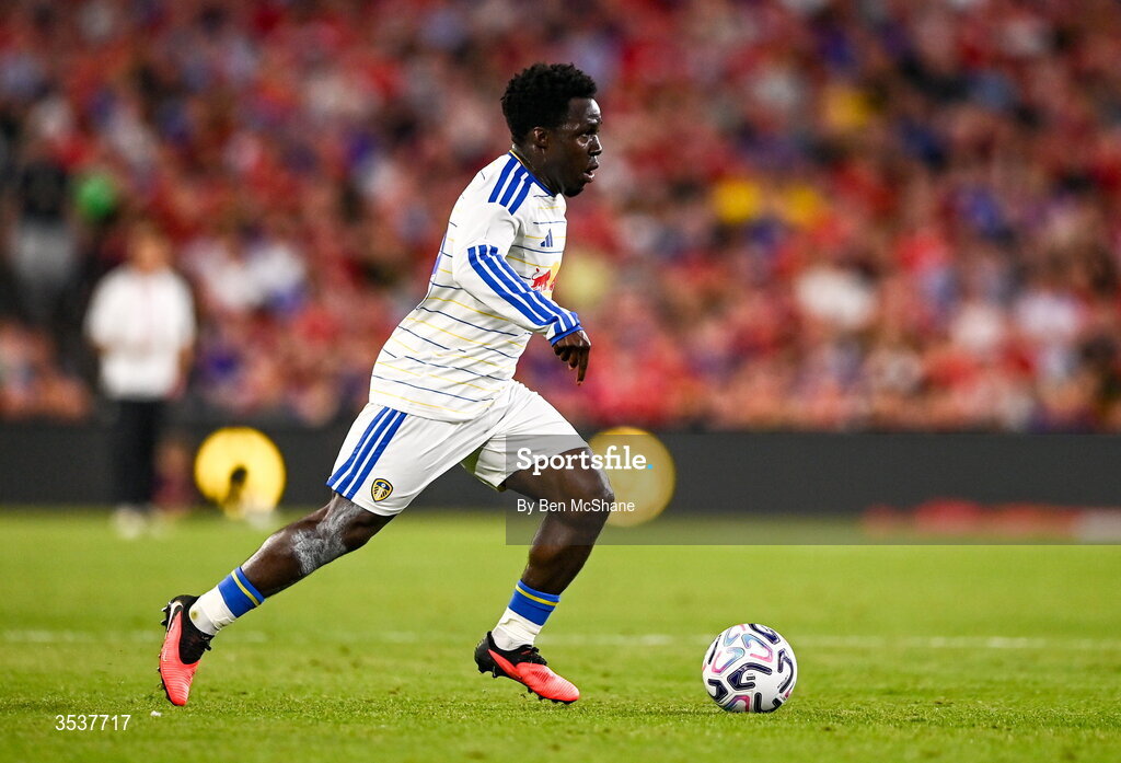 12 August 2026; Wilfried Gnonto of Leeds United during the pre-season friendly match between Manchester United and Leeds United at Croke Park in Dublin. Photo by Ben McShane/Sportsfile