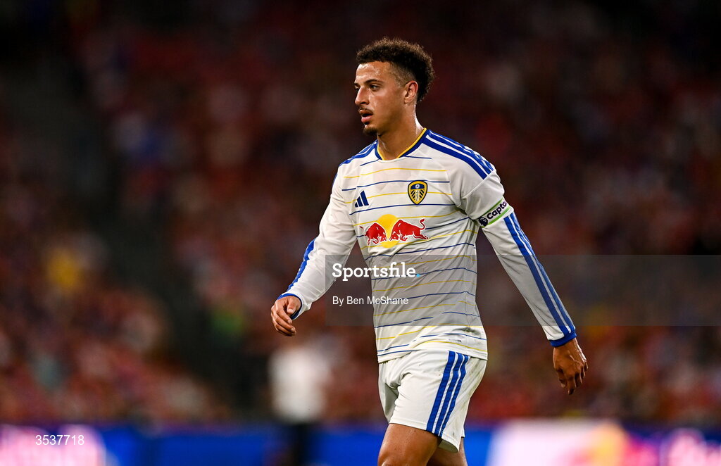 12 August 2026; Ethan Ampadu of Leeds United during the pre-season friendly match between Manchester United and Leeds United at Croke Park in Dublin. Photo by Ben McShane/Sportsfile
