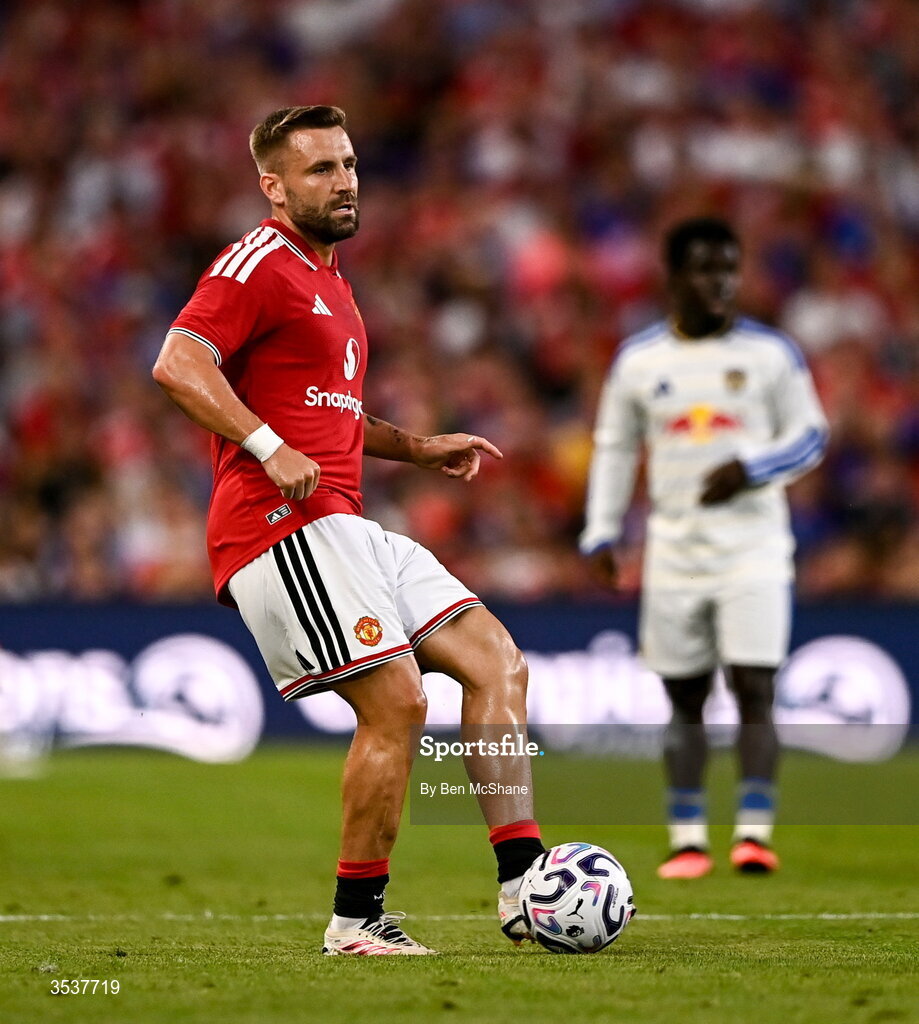 12 August 2026; Luke Shaw of Manchester United during the pre-season friendly match between Manchester United and Leeds United at Croke Park in Dublin. Photo by Ben McShane/Sportsfile