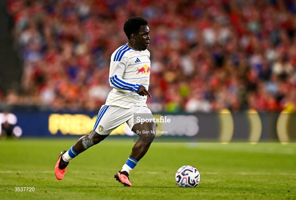 12 August 2026; Wilfried Gnonto of Leeds United during the pre-season friendly match between Manchester United and Leeds United at Croke Park in Dublin. Photo by Ben McShane/Sportsfile