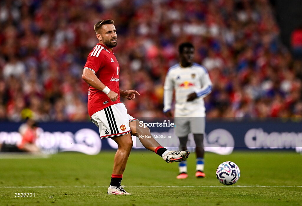 12 August 2026; Luke Shaw of Manchester United during the pre-season friendly match between Manchester United and Leeds United at Croke Park in Dublin. Photo by Ben McShane/Sportsfile