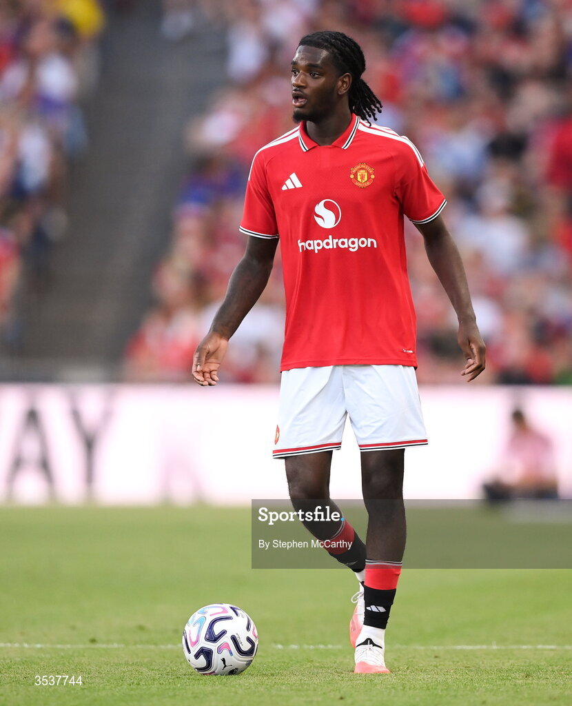 12 August 2026; Ayden Heaven of Manchester United during the pre-season friendly match between Manchester United and Leeds United at Croke Park in Dublin. Photo by Stephen McCarthy/Sportsfile