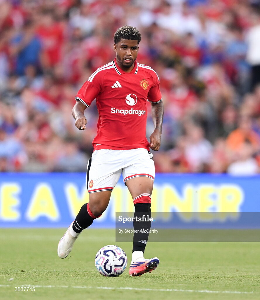 12 August 2026; Andrey Santos of Manchester United during the pre-season friendly match between Manchester United and Leeds United at Croke Park in Dublin. Photo by Stephen McCarthy/Sportsfile