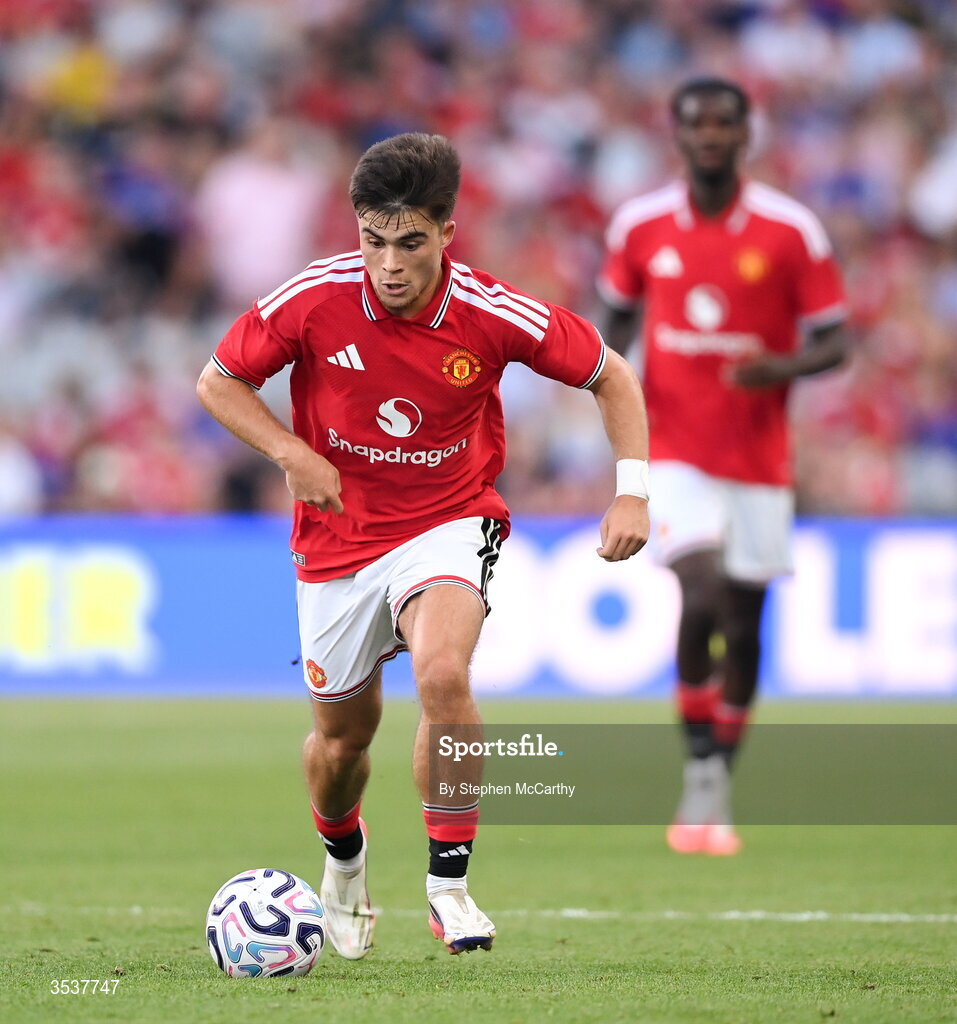 12 August 2026; Harry Amass of Manchester United during the pre-season friendly match between Manchester United and Leeds United at Croke Park in Dublin. Photo by Stephen McCarthy/Sportsfile
