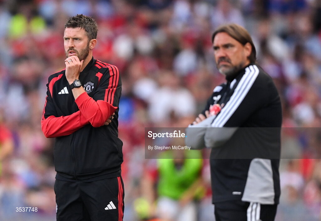 12 August 2026; Manchester United manager Michael Carrick and Leeds United manager Daniel Farke, right, during the pre-season friendly match between Manchester United and Leeds United at Croke Park in Dublin. Photo by Stephen McCarthy/Sportsfile