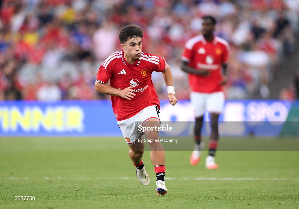 12 August 2026; Harry Amass of Manchester United during the pre-season friendly match between Manchester United and Leeds United at Croke Park in Dublin. Photo by Stephen McCarthy/Sportsfile