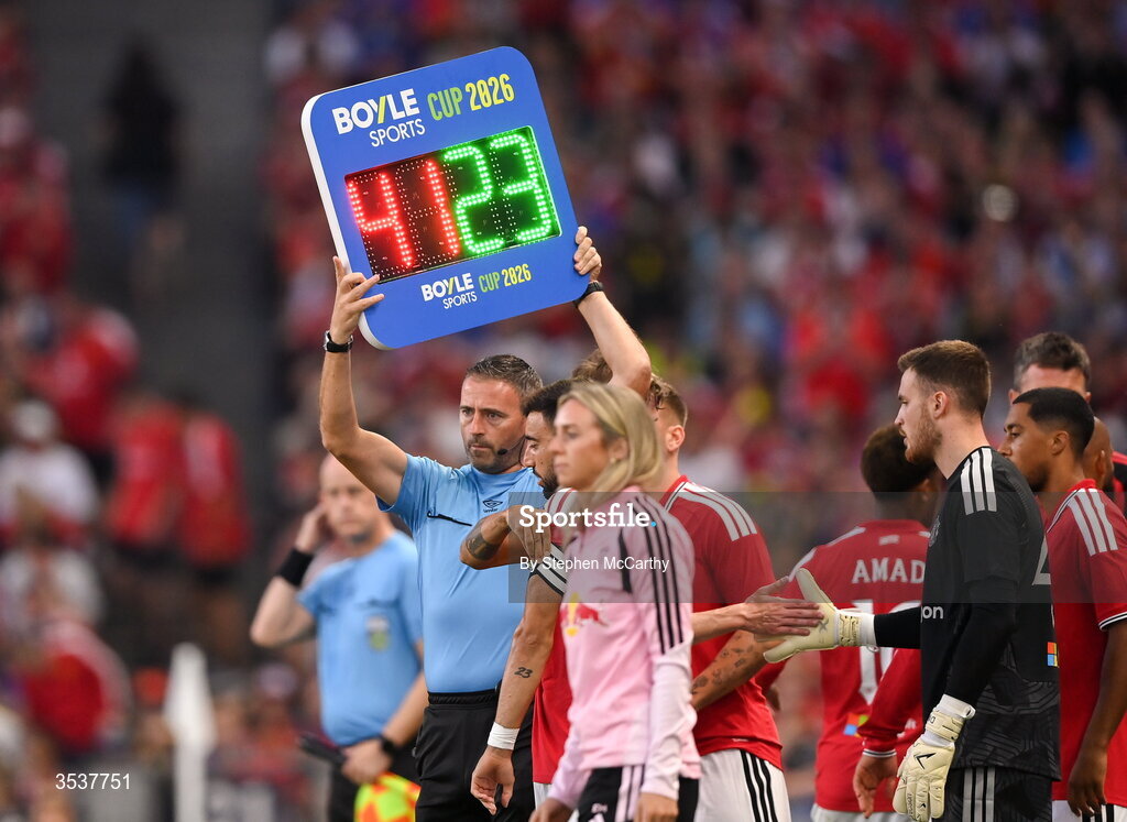 12 August 2026; Fourth official Paul McLaughlin during the pre-season friendly match between Manchester United and Leeds United at Croke Park in Dublin. Photo by Stephen McCarthy/Sportsfile