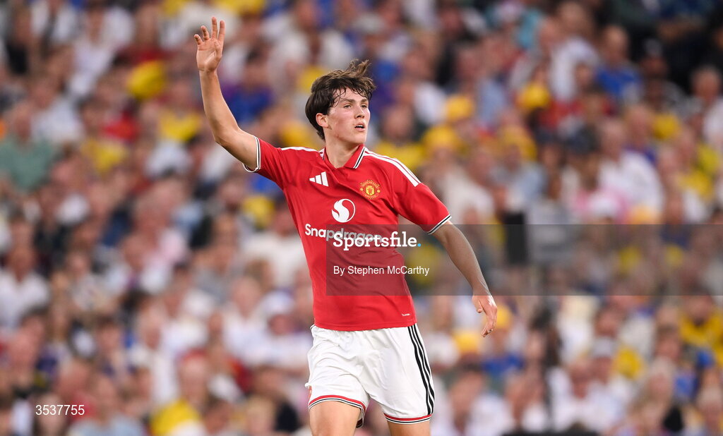 12 August 2026; Dan Armer of Manchester United during the pre-season friendly match between Manchester United and Leeds United at Croke Park in Dublin. Photo by Stephen McCarthy/Sportsfile