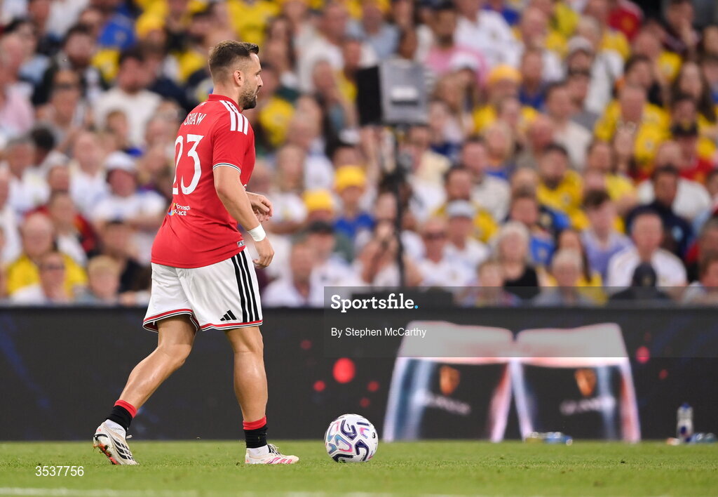 12 August 2026; Luke Shaw of Manchester United during the pre-season friendly match between Manchester United and Leeds United at Croke Park in Dublin. Photo by Stephen McCarthy/Sportsfile