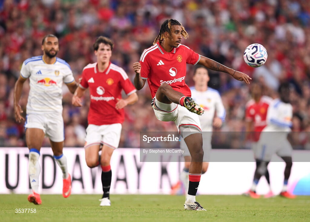 12 August 2026; Leny Yoro of Manchester United during the pre-season friendly match between Manchester United and Leeds United at Croke Park in Dublin. Photo by Stephen McCarthy/Sportsfile