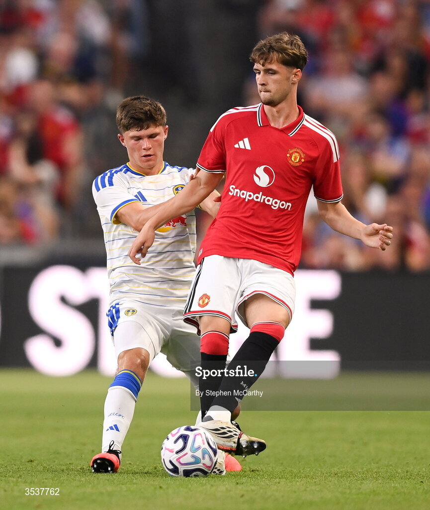 12 August 2026; Jack Fletcher of Manchester United in action against Alfie Cresswell of Leeds United during the pre-season friendly match between Manchester United and Leeds United at Croke Park in Dublin. Photo by Stephen McCarthy/Sportsfile