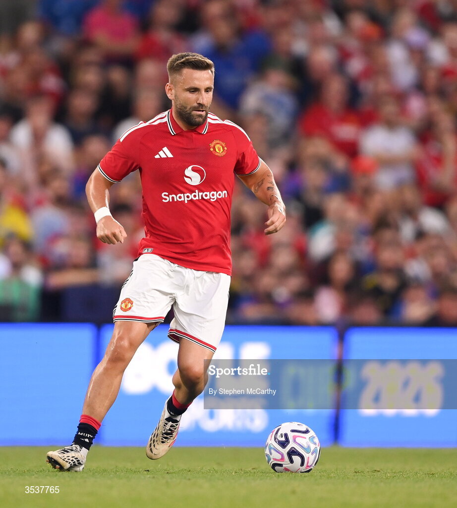 12 August 2026; Luke Shaw of Manchester United during the pre-season friendly match between Manchester United and Leeds United at Croke Park in Dublin. Photo by Stephen McCarthy/Sportsfile