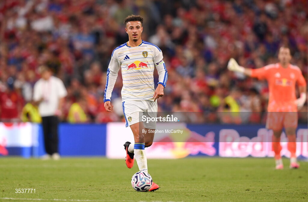 12 August 2026; Ethan Ampadu of Leeds United during the pre-season friendly match between Manchester United and Leeds United at Croke Park in Dublin. Photo by Stephen McCarthy/Sportsfile