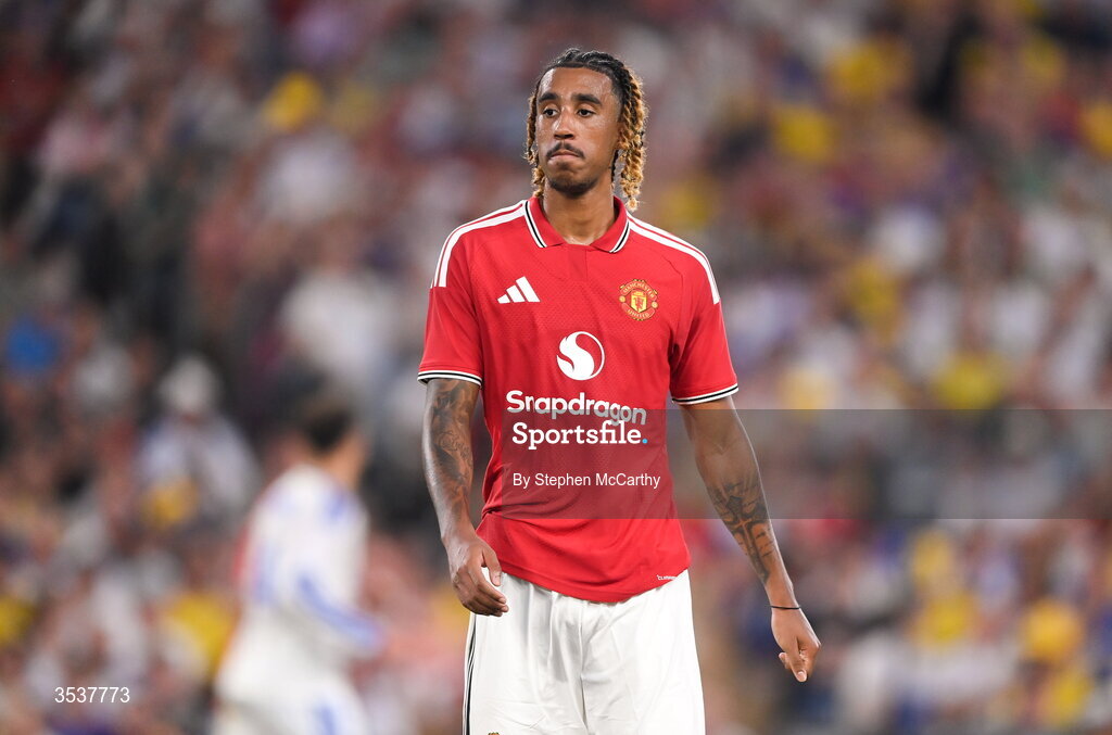12 August 2026; Leny Yoro of Manchester United during the pre-season friendly match between Manchester United and Leeds United at Croke Park in Dublin. Photo by Stephen McCarthy/Sportsfile