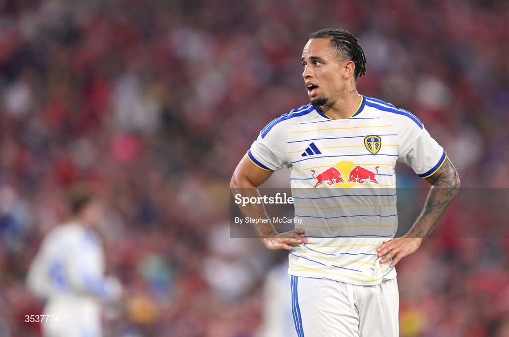12 August 2026; Noah Okafor of Leeds United during the pre-season friendly match between Manchester United and Leeds United at Croke Park in Dublin. Photo by Stephen McCarthy/Sportsfile