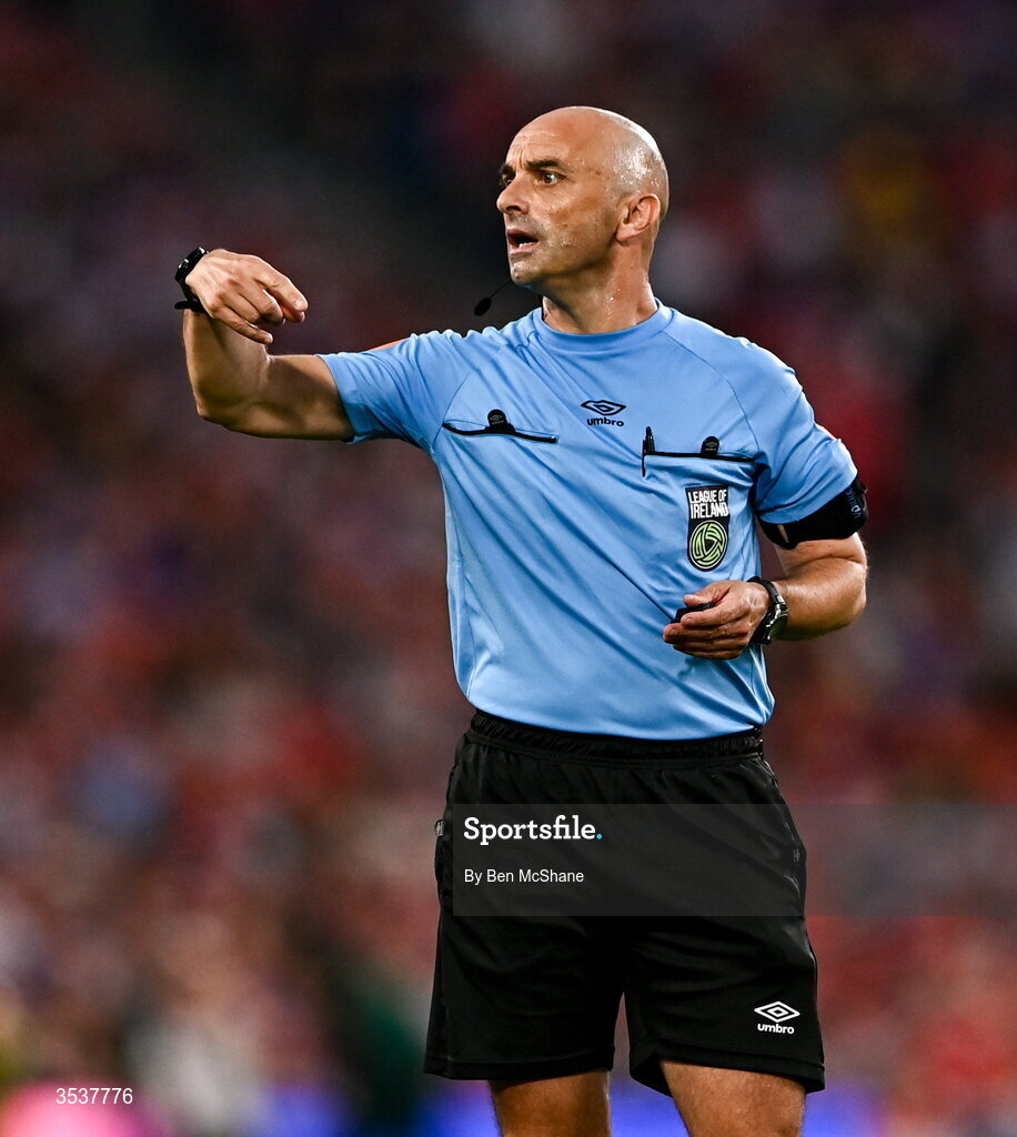 12 August 2026; Referee Neil Doyle during the pre-season friendly match between Manchester United and Leeds United at Croke Park in Dublin. Photo by Ben McShane/Sportsfile