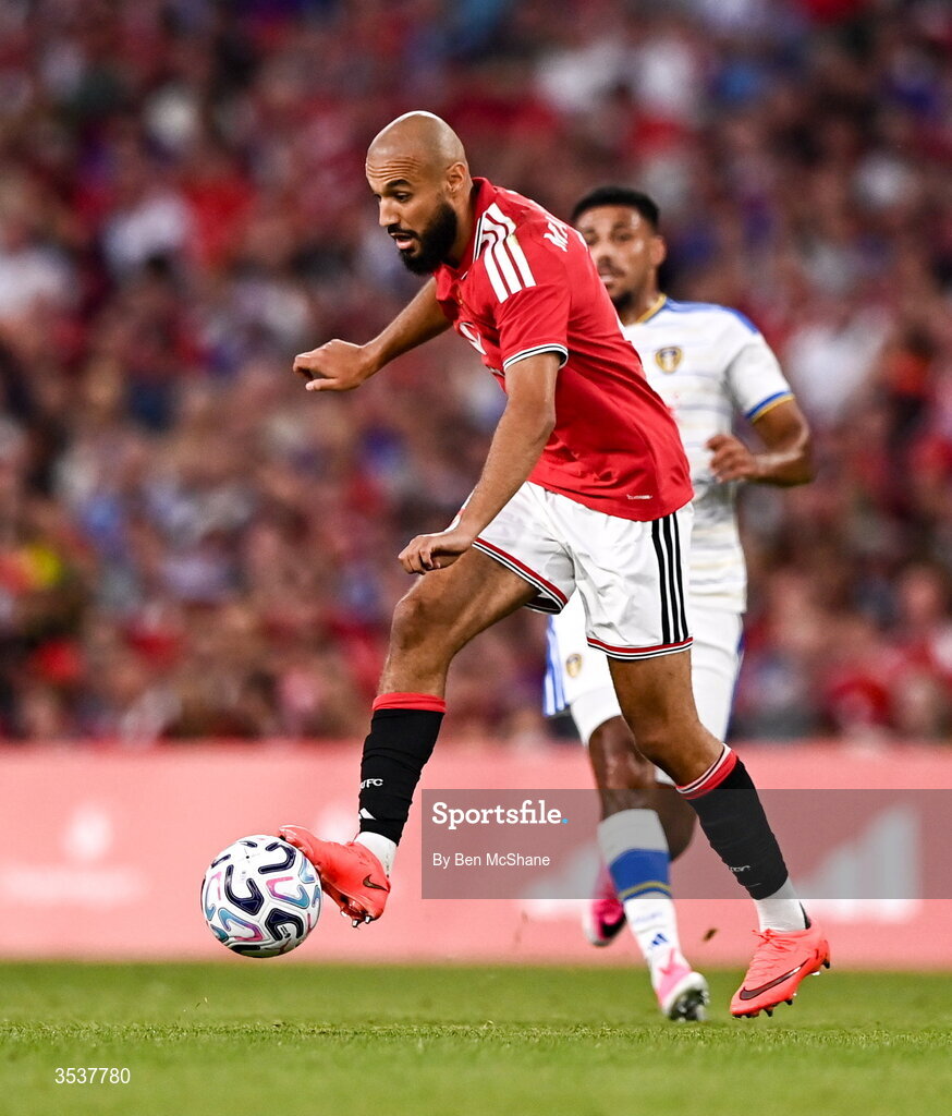 12 August 2026; Noussair Mazraoui of Manchester United during the pre-season friendly match between Manchester United and Leeds United at Croke Park in Dublin. Photo by Ben McShane/Sportsfile