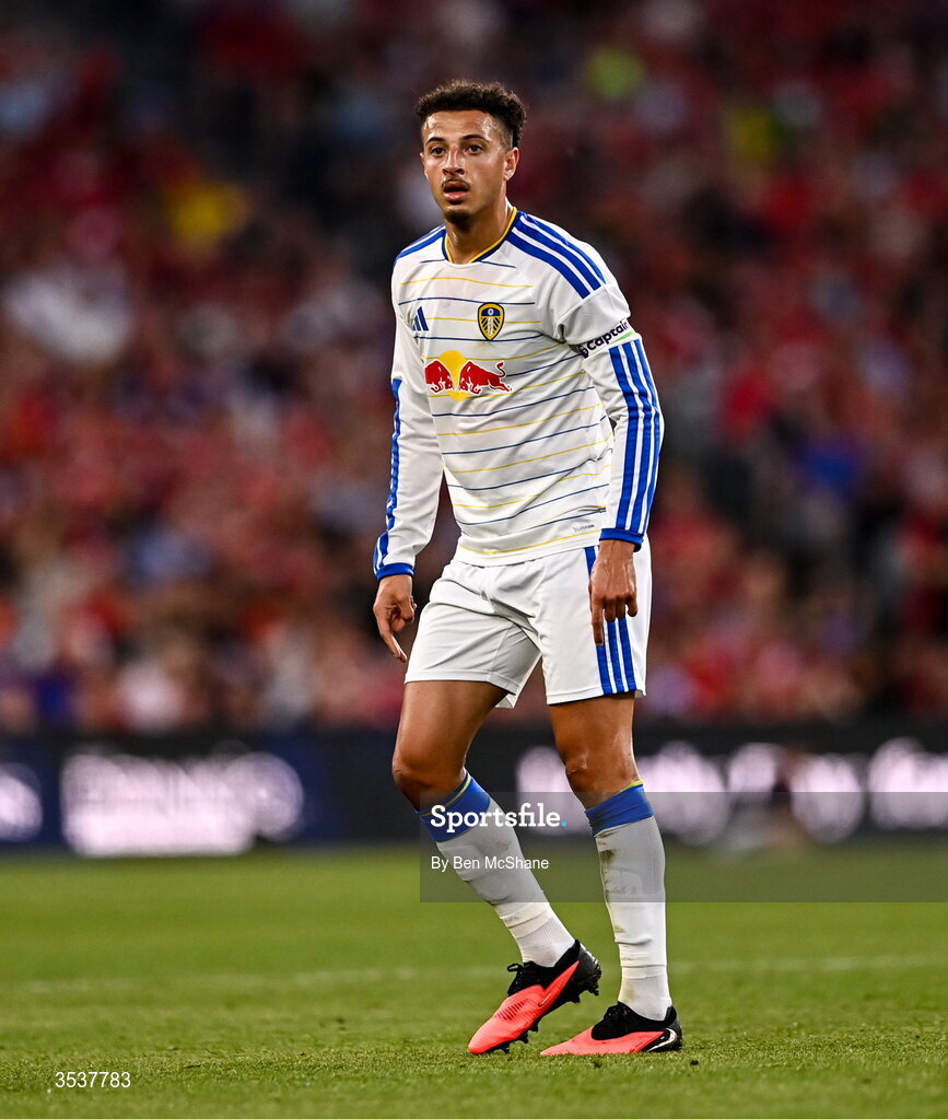 12 August 2026; Ethan Ampadu of Leeds United during the pre-season friendly match between Manchester United and Leeds United at Croke Park in Dublin. Photo by Ben McShane/Sportsfile