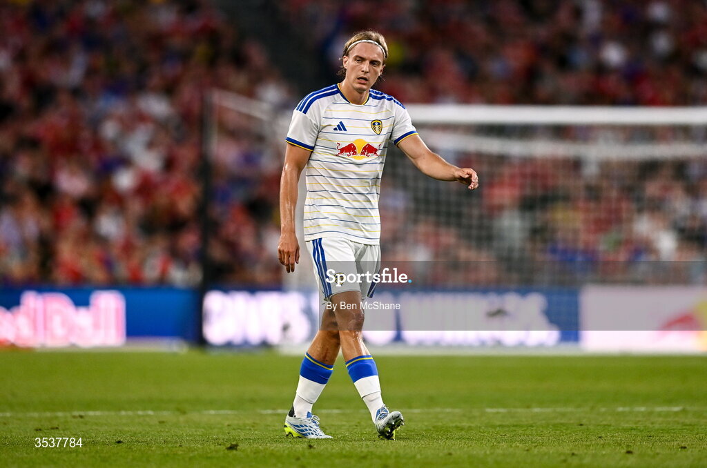 12 August 2026; Sabastiaan Bornauw of Leeds United during the pre-season friendly match between Manchester United and Leeds United at Croke Park in Dublin. Photo by Ben McShane/Sportsfile