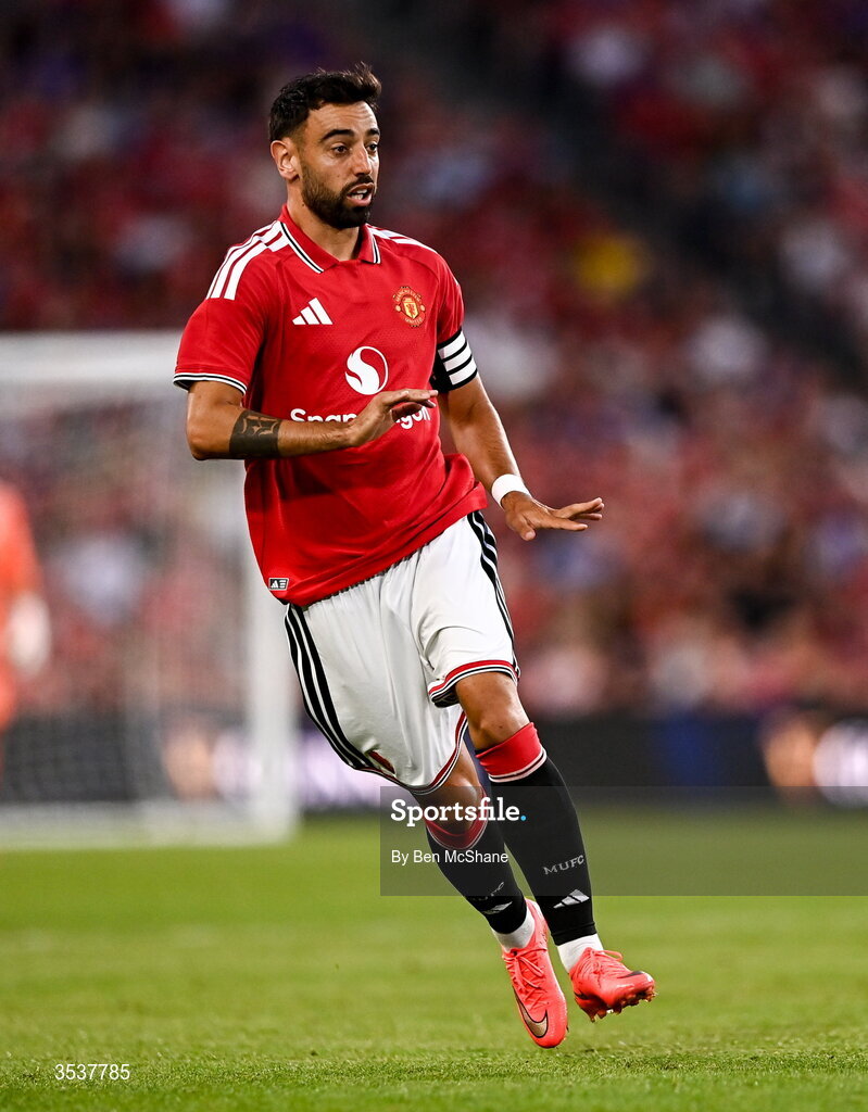 12 August 2026; Bruno Fernandes of Manchester United during the pre-season friendly match between Manchester United and Leeds United at Croke Park in Dublin. Photo by Ben McShane/Sportsfile