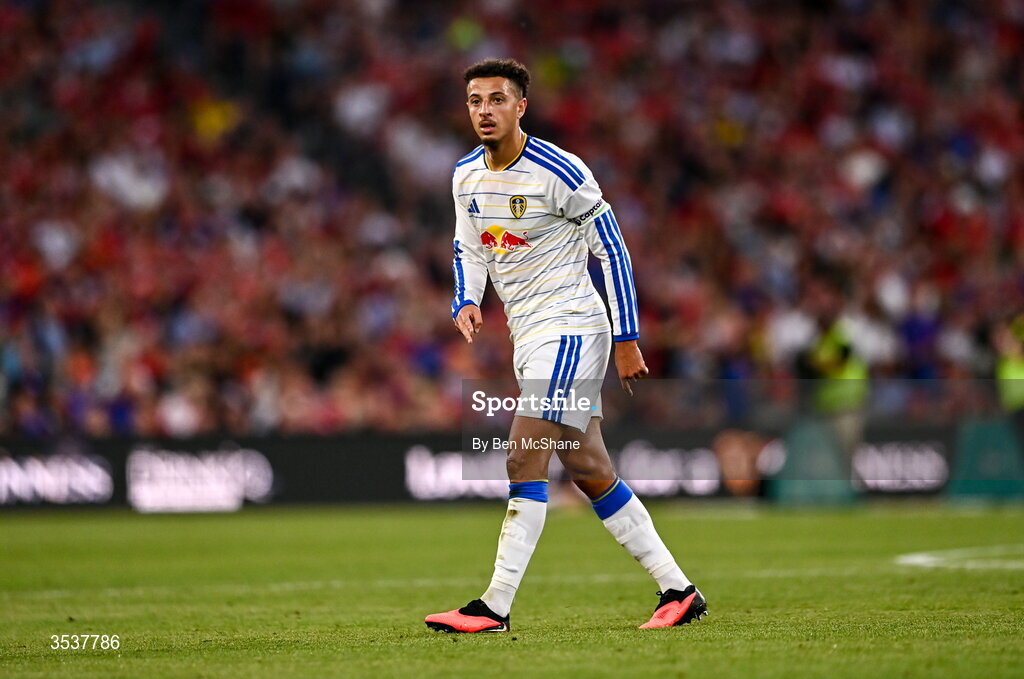 12 August 2026; Ethan Ampadu of Leeds United during the pre-season friendly match between Manchester United and Leeds United at Croke Park in Dublin. Photo by Ben McShane/Sportsfile