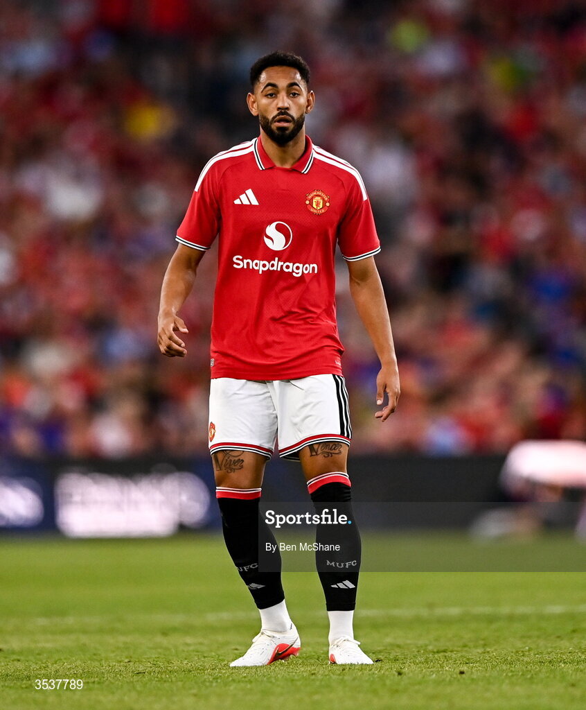 12 August 2026; Matheus Cunha of Manchester United during the pre-season friendly match between Manchester United and Leeds United at Croke Park in Dublin. Photo by Ben McShane/Sportsfile