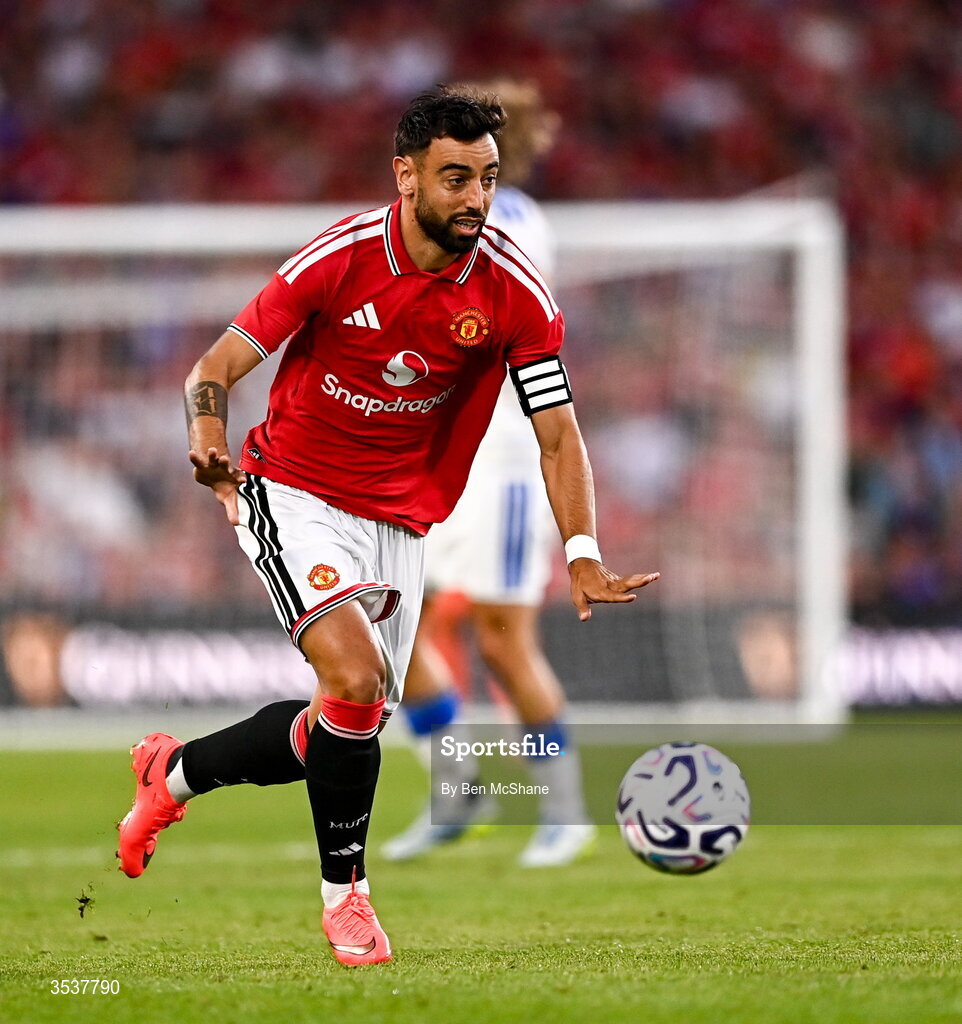12 August 2026; Bruno Fernandes of Manchester United during the pre-season friendly match between Manchester United and Leeds United at Croke Park in Dublin. Photo by Ben McShane/Sportsfile