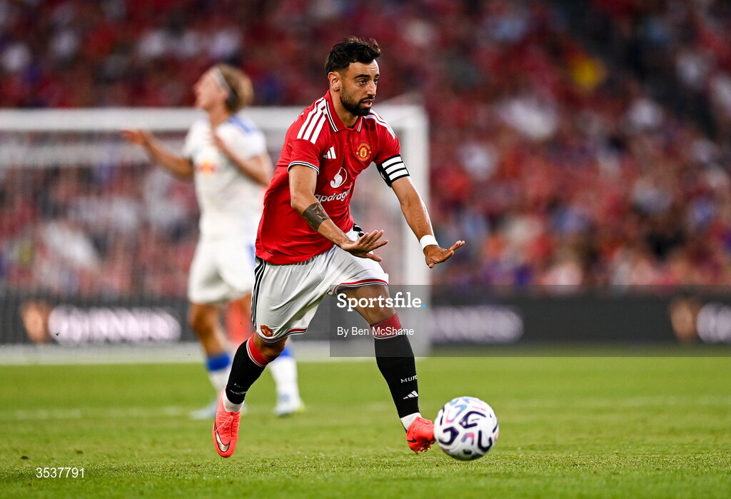 12 August 2026; Bruno Fernandes of Manchester United during the pre-season friendly match between Manchester United and Leeds United at Croke Park in Dublin. Photo by Ben McShane/Sportsfile
