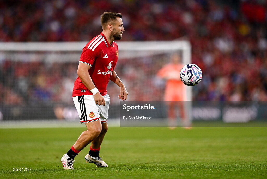 12 August 2026; Luke Shaw of Manchester United during the pre-season friendly match between Manchester United and Leeds United at Croke Park in Dublin. Photo by Ben McShane/Sportsfile