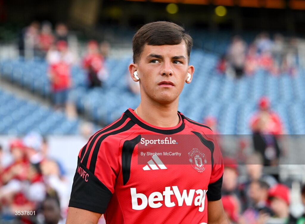 12 August 2026; Shea Lacey of Manchester United before the pre-season friendly match between Manchester United and Leeds United at Croke Park in Dublin.