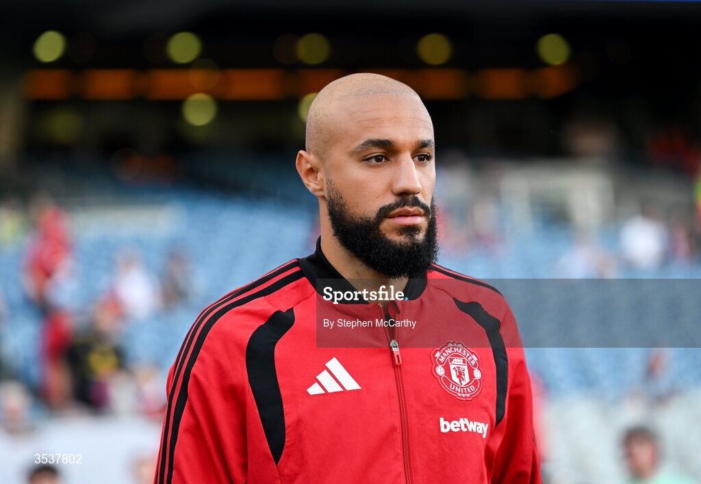 12 August 2026; Noussair Mazraoui of Manchester United before the pre-season friendly match between Manchester United and Leeds United at Croke Park in Dublin.