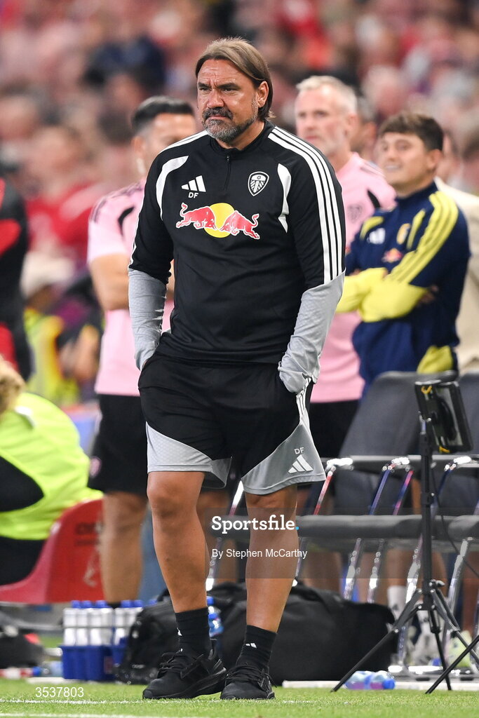 12 August 2026; Leeds United manager Daniel Farke watches the penalty shootout at the end of the pre-season friendly match between Manchester United and Leeds United at Croke Park in Dublin. Photo by Stephen McCarthy/Sportsfile