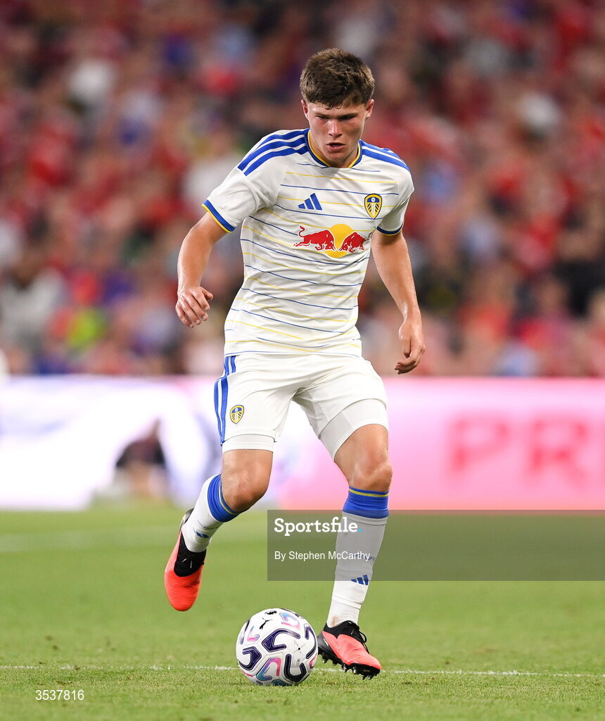12 August 2026; Alfie Cresswell of Leeds United during the pre-season friendly match between Manchester United and Leeds United at Croke Park in Dublin. Photo by Stephen McCarthy/Sportsfile